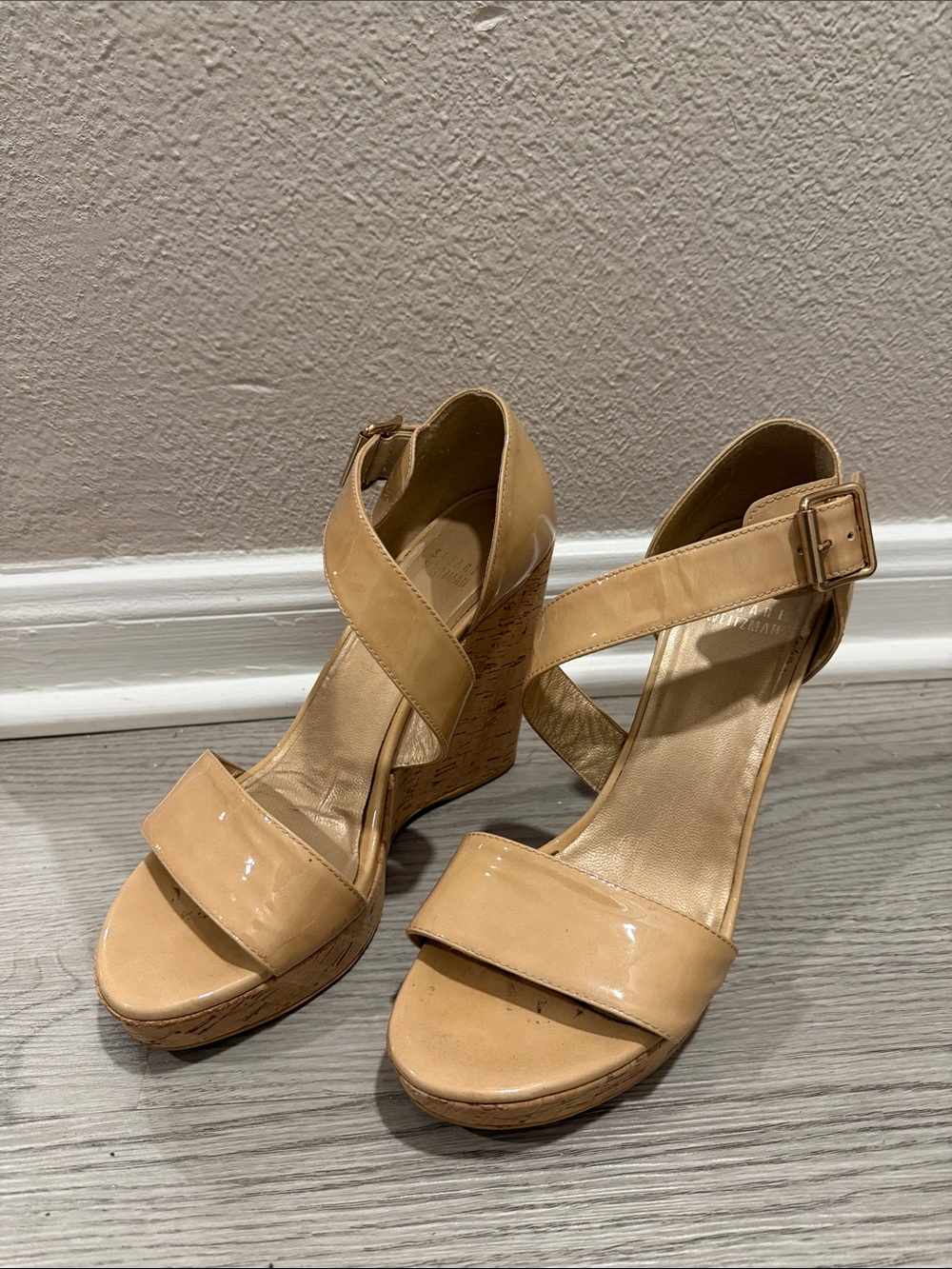 Stuart Weitzman Patent Tan Platform Wedge Sandals
